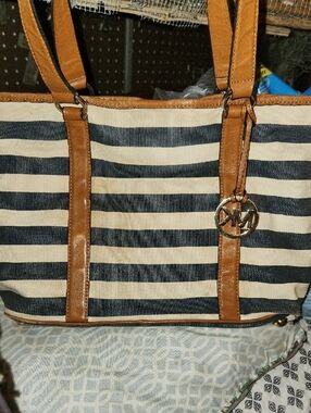 Michael Kors Navy & Cream Striped Tote with Tan Leather Accents